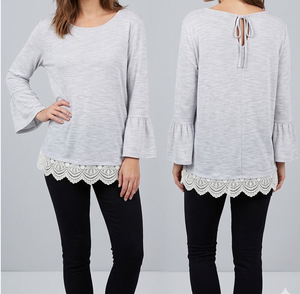 LC Lauren Conrad Woens XL Gray Tunic Top Polyester Rayon Lace Hem Bell Sleeve